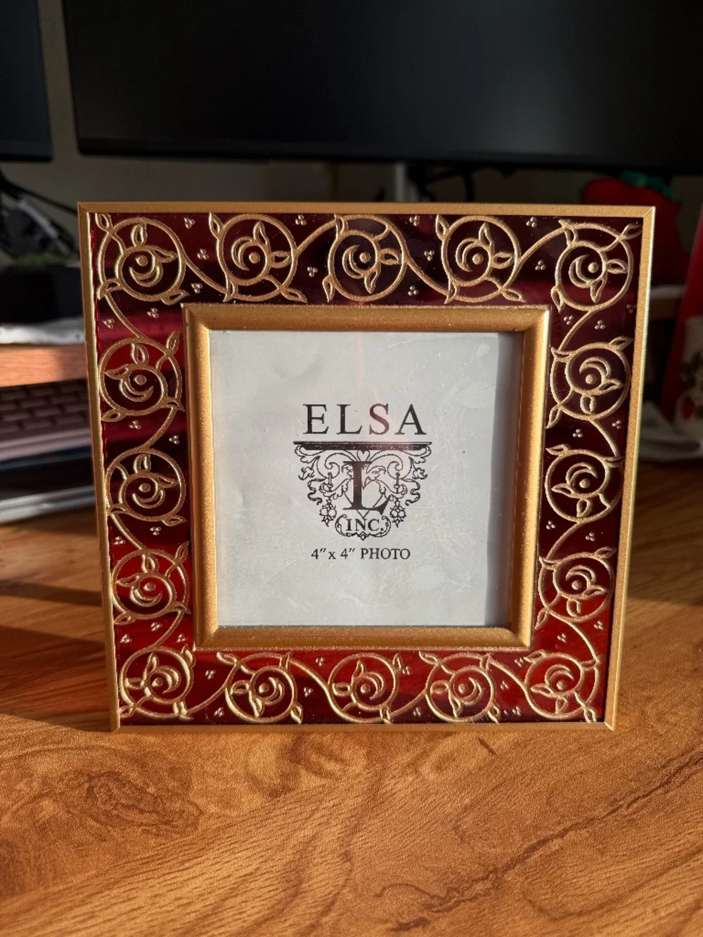 Vintage Elsa L Inc Art Deco Red and Gold Glass 4x4 Picture Frame